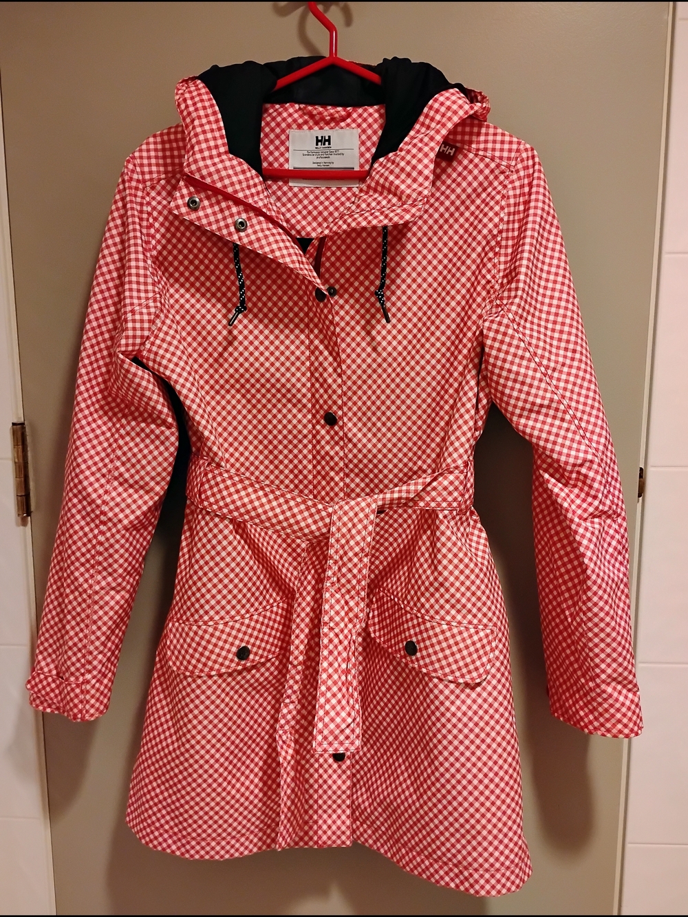 Helly Hansen Red Gingham Hooded Trench Coat